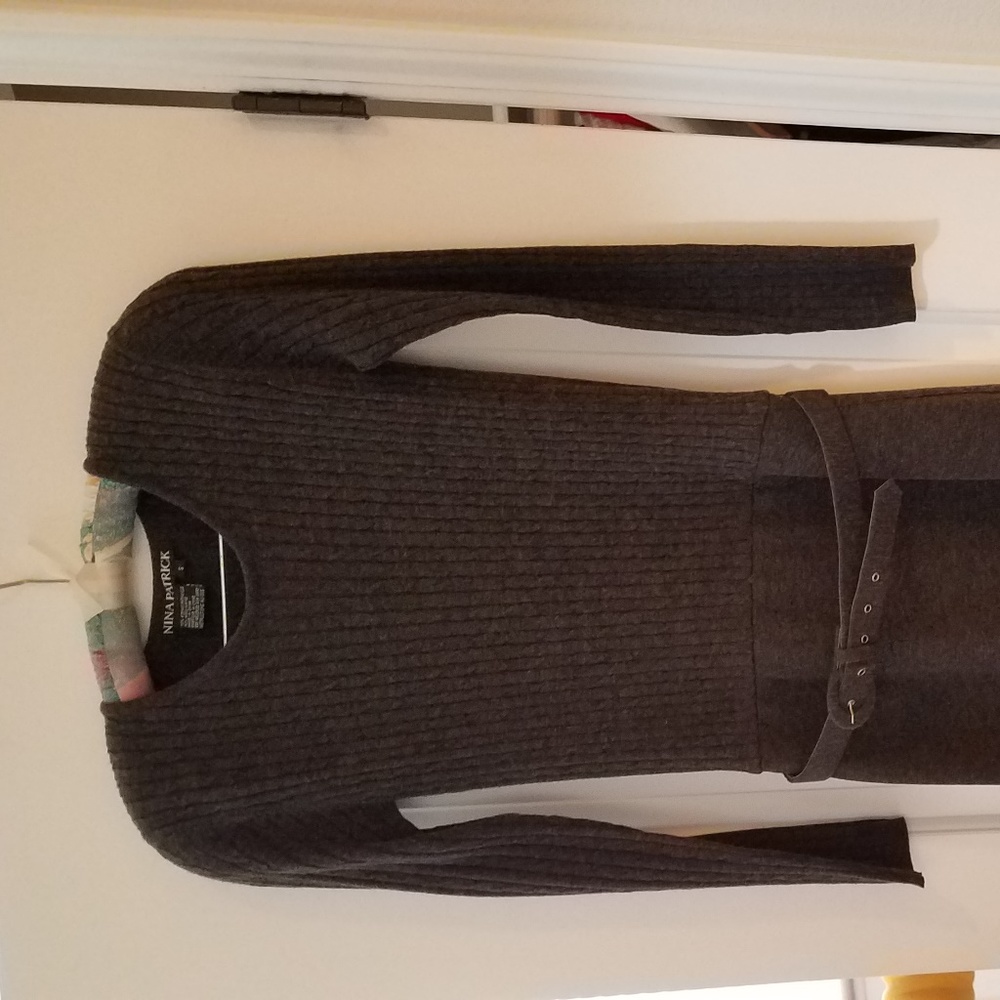 Long sleeve sweater dress with belt.